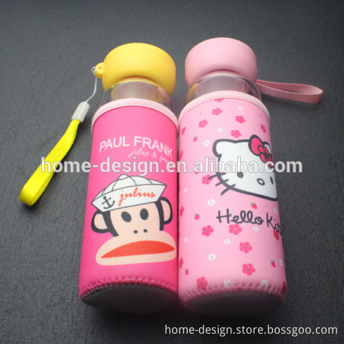 glass cup for hot water with cartoon pattern & protective glove